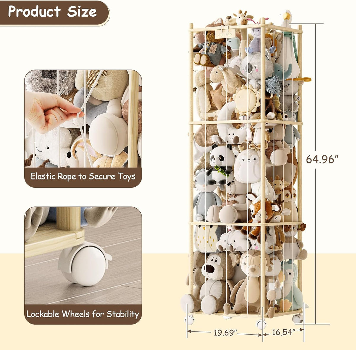 Stuffed Animal Storage Zoo with Wheels, Montessori-Inspired Solid Pine Wood Plush Toy Organizer, Tall Stuffed Animal Holder with Thick Elastic Cords for Kids Room, Nursery,and Bedroom,Large