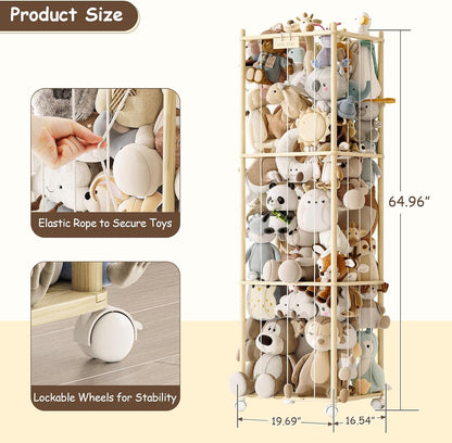 Stuffed Animal Storage Zoo with Wheels, Montessori-Inspired Solid Pine Wood Plush Toy Organizer, Tall Stuffed Animal Holder with Thick Elastic Cords for Kids Room, Nursery,and Bedroom,Large