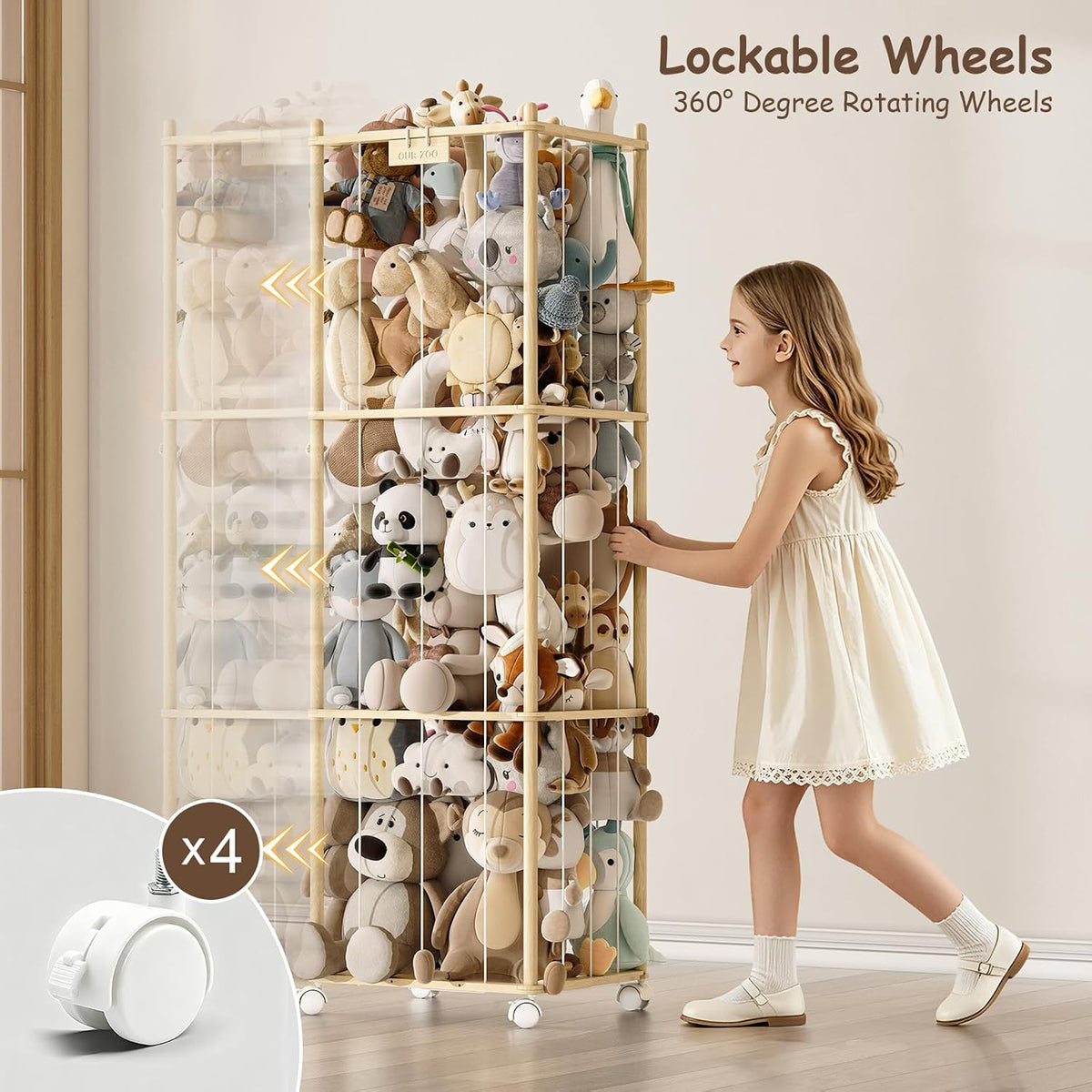 Stuffed Animal Storage Zoo with Wheels, Montessori-Inspired Solid Pine Wood Plush Toy Organizer, Tall Stuffed Animal Holder with Thick Elastic Cords for Kids Room, Nursery,and Bedroom,Large