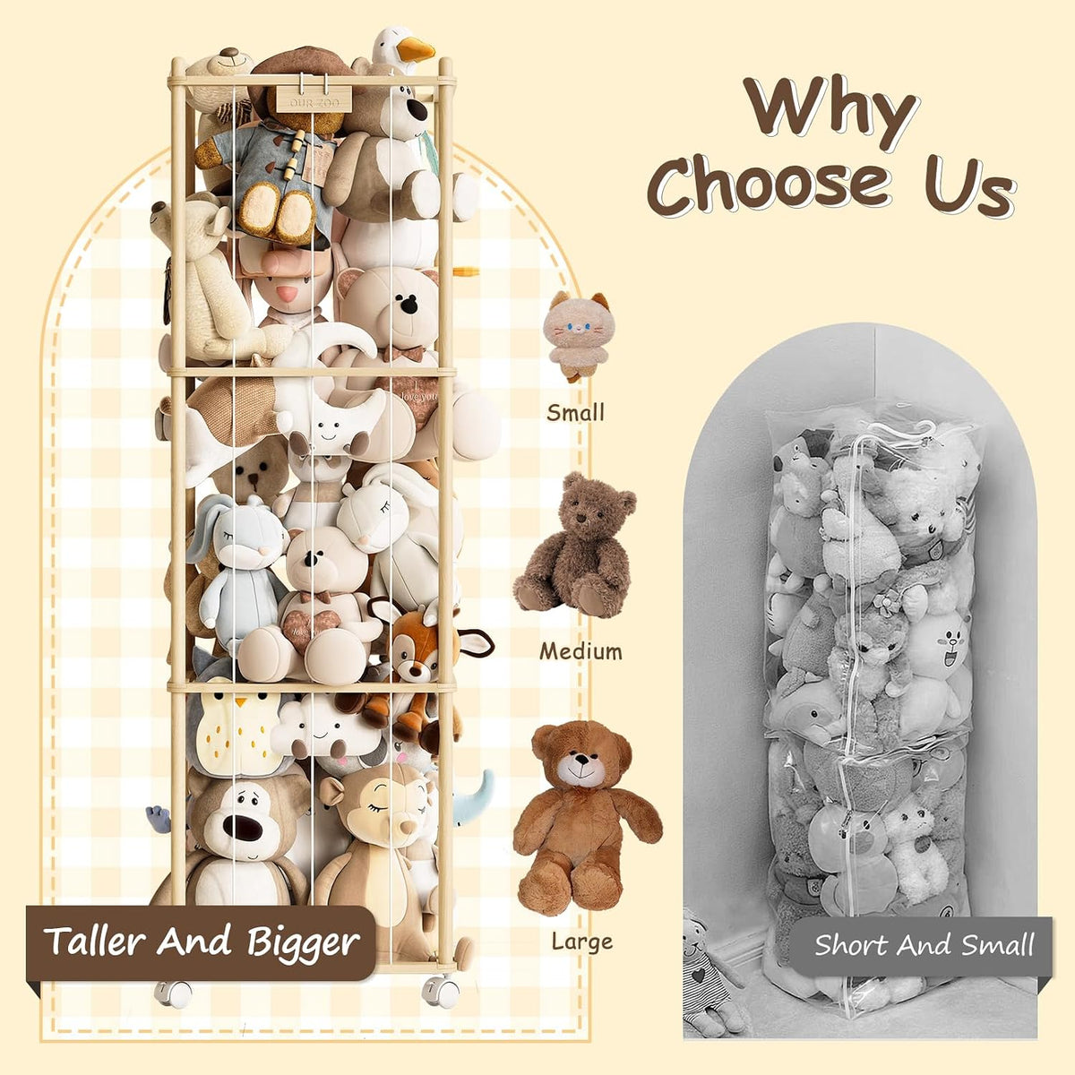 Stuffed Animal Storage Zoo with Wheels, Montessori-Inspired Solid Pine Wood Plush Toy Organizer, Tall Stuffed Animal Holder with Thick Elastic Cords for Kids Room, Nursery,and Bedroom,Large