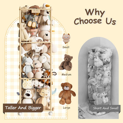 Stuffed Animal Storage Zoo with Wheels, Montessori-Inspired Solid Pine Wood Plush Toy Organizer, Tall Stuffed Animal Holder with Thick Elastic Cords for Kids Room, Nursery,and Bedroom,Large