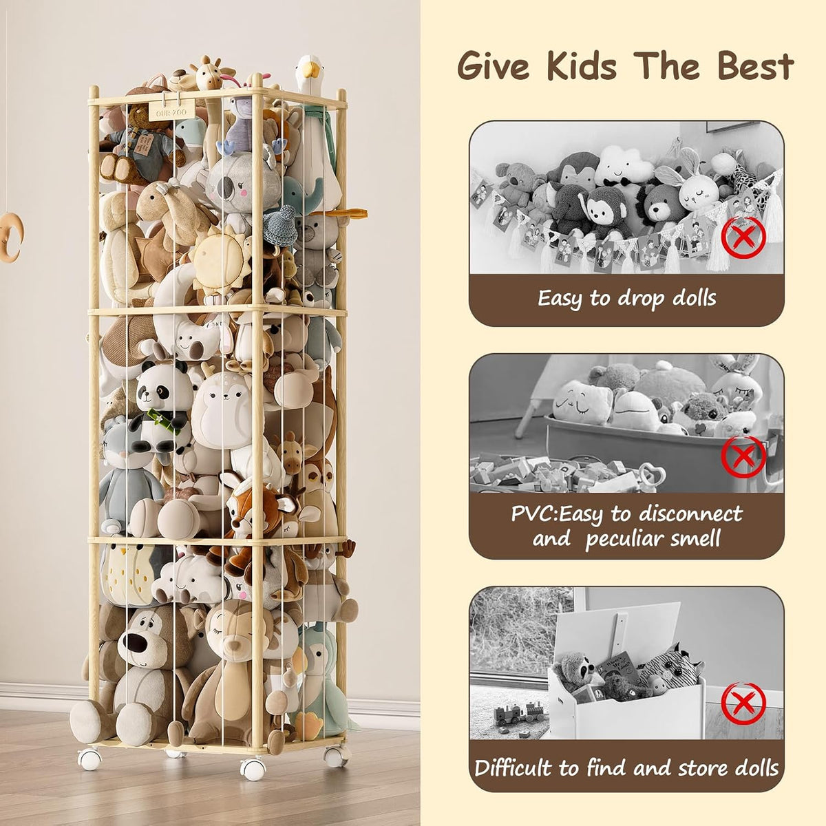 Stuffed Animal Storage Zoo with Wheels, Montessori-Inspired Solid Pine Wood Plush Toy Organizer, Tall Stuffed Animal Holder with Thick Elastic Cords for Kids Room, Nursery,and Bedroom,Large