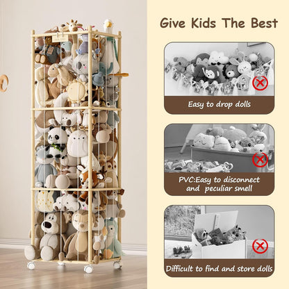 Stuffed Animal Storage Zoo with Wheels, Montessori-Inspired Solid Pine Wood Plush Toy Organizer, Tall Stuffed Animal Holder with Thick Elastic Cords for Kids Room, Nursery,and Bedroom,Large