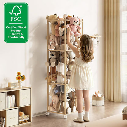 Stuffed Animal Storage Zoo with Wheels, Montessori-Inspired Solid Pine Wood Plush Toy Organizer, Tall Stuffed Animal Holder with Thick Elastic Cords for Kids Room, Nursery,and Bedroom,Large