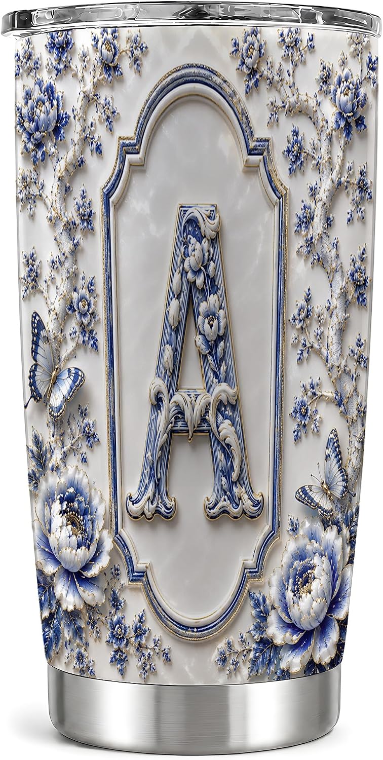Ivory Porcelain Monogram A Tumbler 20 oz, Initial Letter A Travel Cup, Daily Coffee Commute, Embossed Blue Flowers With Gold Trim, Butterfly Vine Pattern, Women Office Drivers