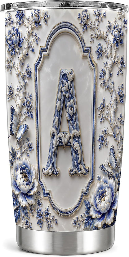 Ivory Porcelain Monogram A Tumbler 20 oz, Initial Letter A Travel Cup, Daily Coffee Commute, Embossed Blue Flowers With Gold Trim, Butterfly Vine Pattern, Women Office Drivers