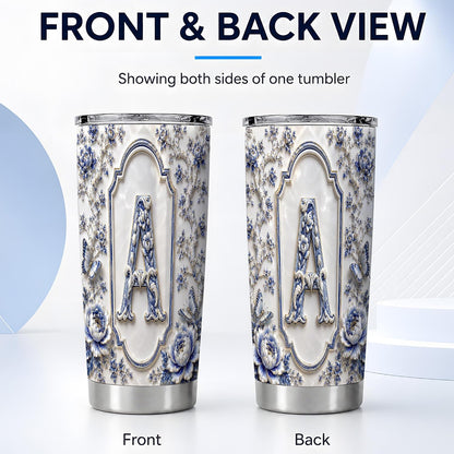 Ivory Porcelain Monogram A Tumbler 20 oz, Initial Letter A Travel Cup, Daily Coffee Commute, Embossed Blue Flowers With Gold Trim, Butterfly Vine Pattern, Women Office Drivers