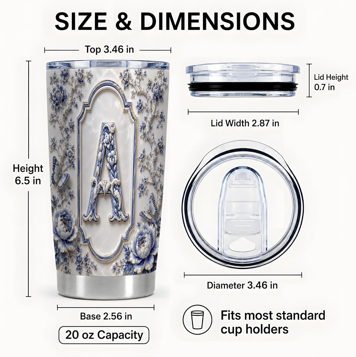 Ivory Porcelain Monogram A Tumbler 20 oz, Initial Letter A Travel Cup, Daily Coffee Commute, Embossed Blue Flowers With Gold Trim, Butterfly Vine Pattern, Women Office Drivers