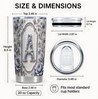 Ivory Porcelain Monogram A Tumbler 20 oz, Initial Letter A Travel Cup, Daily Coffee Commute, Embossed Blue Flowers With Gold Trim, Butterfly Vine Pattern, Women Office Drivers