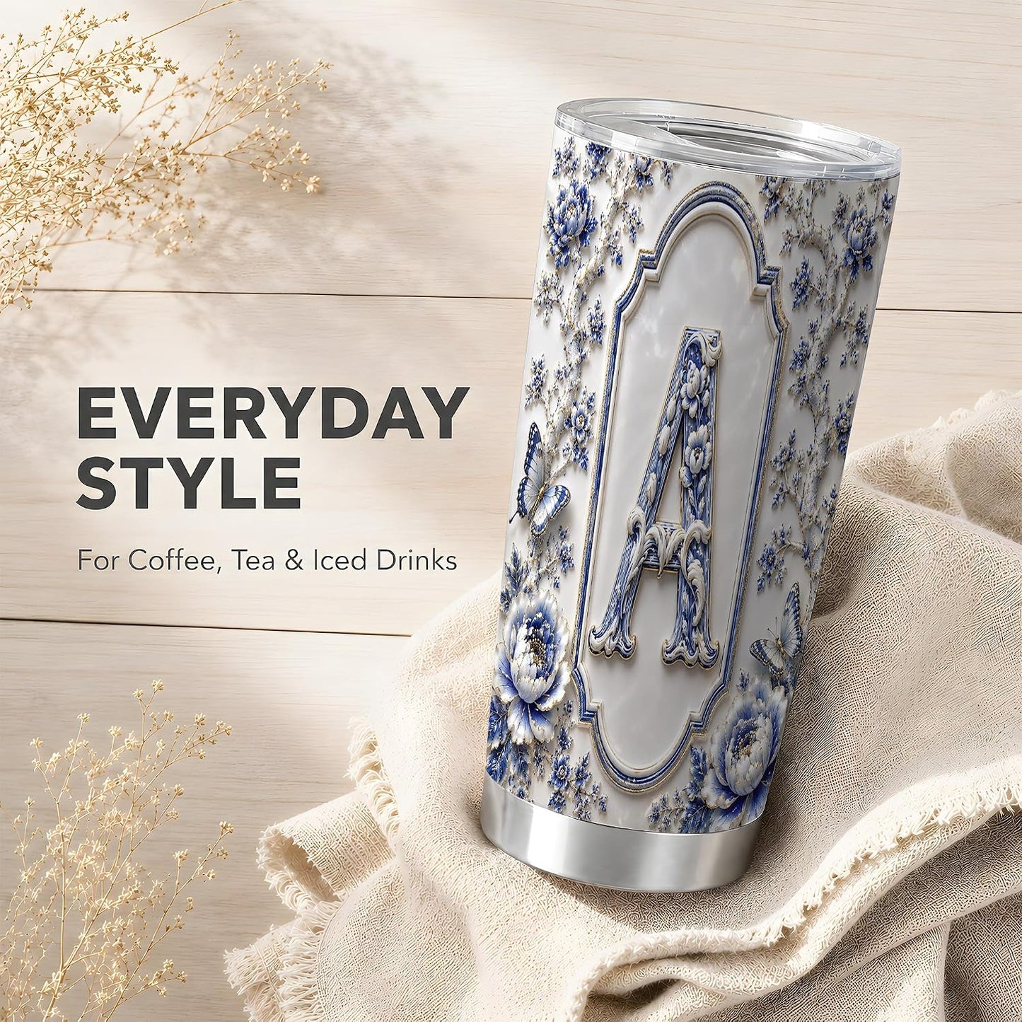 Ivory Porcelain Monogram A Tumbler 20 oz, Initial Letter A Travel Cup, Daily Coffee Commute, Embossed Blue Flowers With Gold Trim, Butterfly Vine Pattern, Women Office Drivers