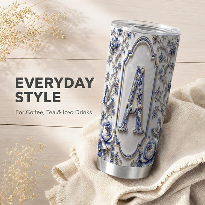 Ivory Porcelain Monogram A Tumbler 20 oz, Initial Letter A Travel Cup, Daily Coffee Commute, Embossed Blue Flowers With Gold Trim, Butterfly Vine Pattern, Women Office Drivers