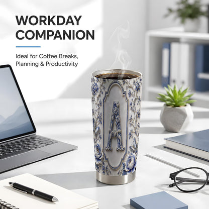Ivory Porcelain Monogram A Tumbler 20 oz, Initial Letter A Travel Cup, Daily Coffee Commute, Embossed Blue Flowers With Gold Trim, Butterfly Vine Pattern, Women Office Drivers