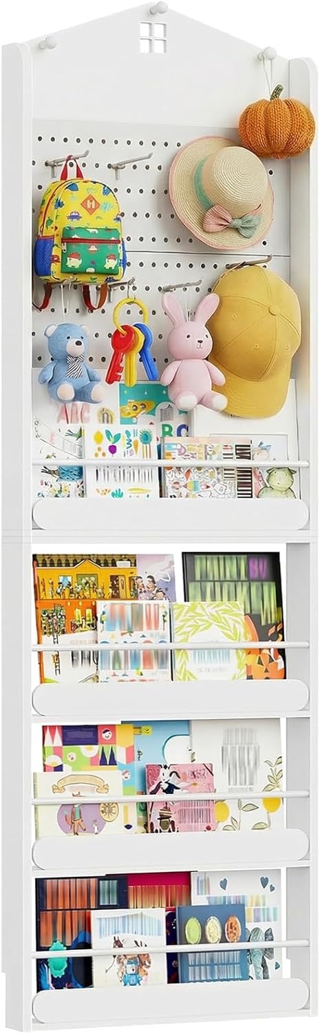 Behind The Door Bookshelf, Wooden Behind Door Bookshelf, 4-Tier Space Saving Behind The Door Bookcase with DIY Pegboard, Kids Wall Bookcase for Kids Room, Bedroom, Nursery, White WW192CW01