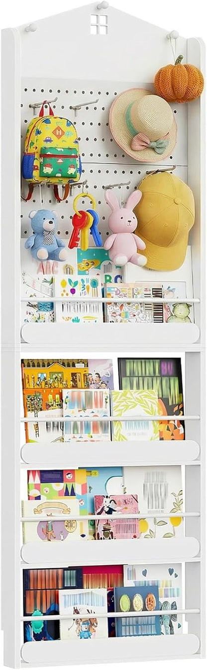 Behind The Door Bookshelf, Wooden Behind Door Bookshelf, 4-Tier Space Saving Behind The Door Bookcase with DIY Pegboard, Kids Wall Bookcase for Kids Room, Bedroom, Nursery, White WW192CW01