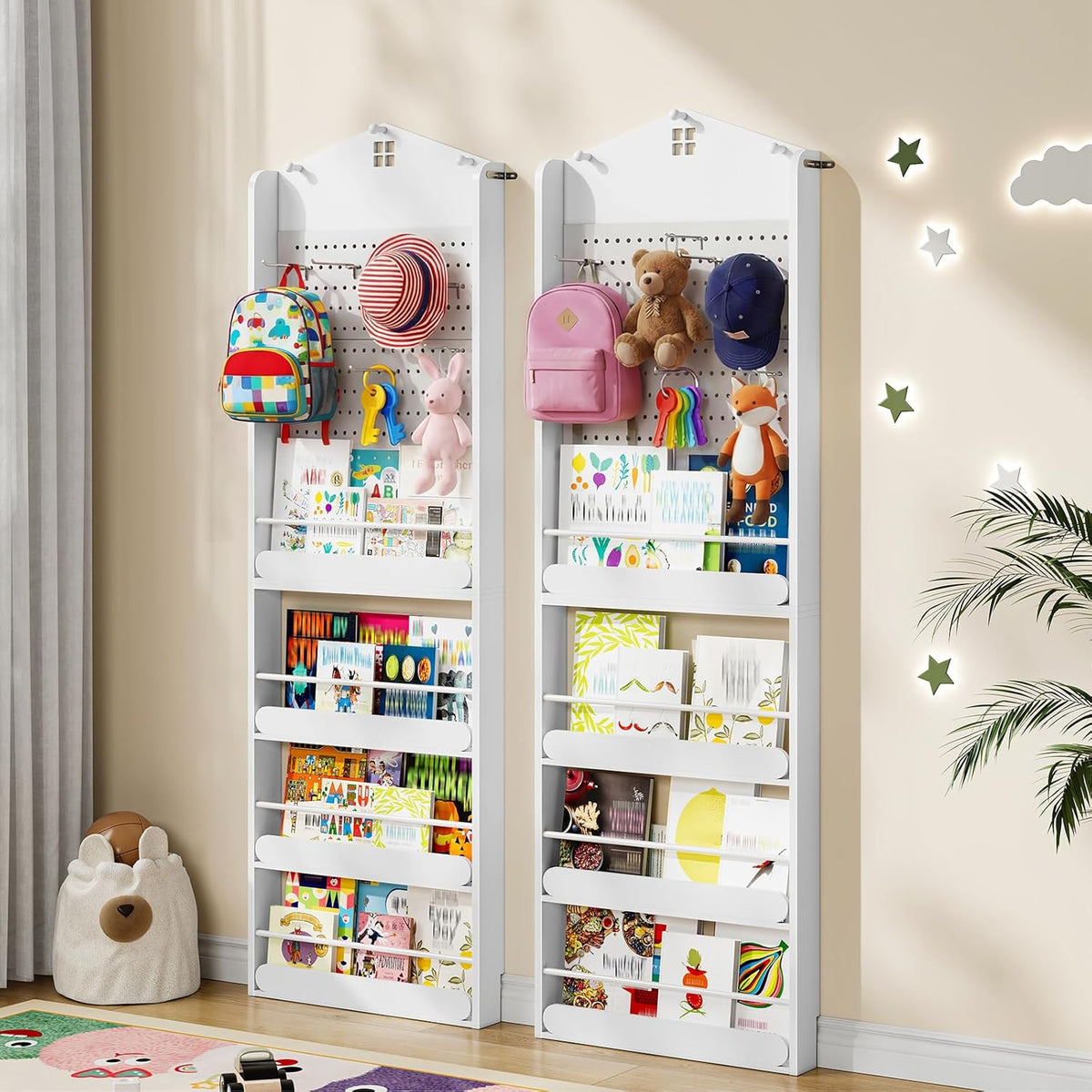 Behind The Door Bookshelf, Wooden Behind Door Bookshelf, 4-Tier Space Saving Behind The Door Bookcase with DIY Pegboard, Kids Wall Bookcase for Kids Room, Bedroom, Nursery, White WW192CW01