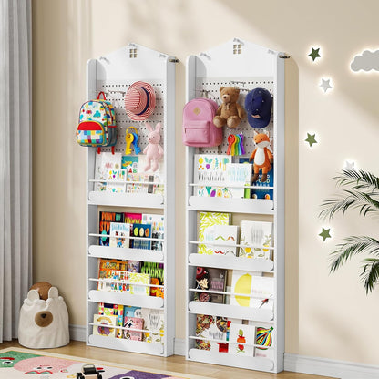 Behind The Door Bookshelf, Wooden Behind Door Bookshelf, 4-Tier Space Saving Behind The Door Bookcase with DIY Pegboard, Kids Wall Bookcase for Kids Room, Bedroom, Nursery, White WW192CW01