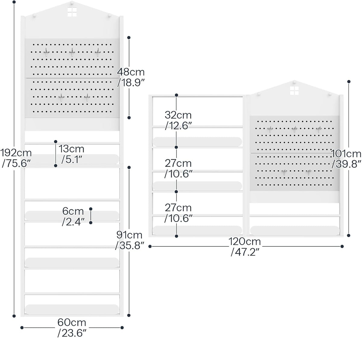 Behind The Door Bookshelf, Wooden Behind Door Bookshelf, 4-Tier Space Saving Behind The Door Bookcase with DIY Pegboard, Kids Wall Bookcase for Kids Room, Bedroom, Nursery, White WW192CW01