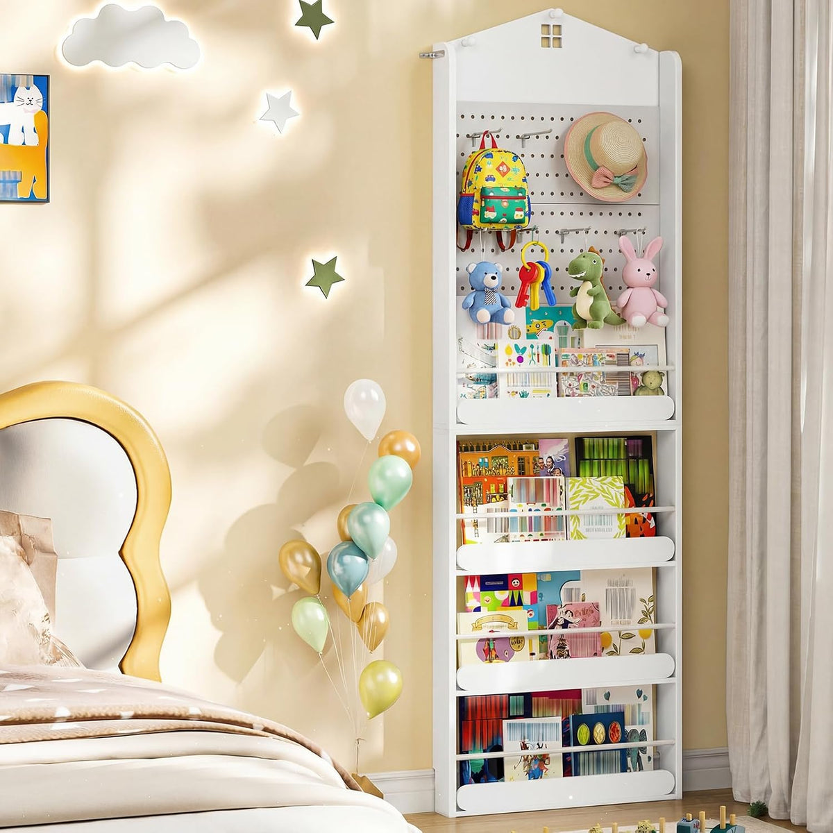 Behind The Door Bookshelf, Wooden Behind Door Bookshelf, 4-Tier Space Saving Behind The Door Bookcase with DIY Pegboard, Kids Wall Bookcase for Kids Room, Bedroom, Nursery, White WW192CW01