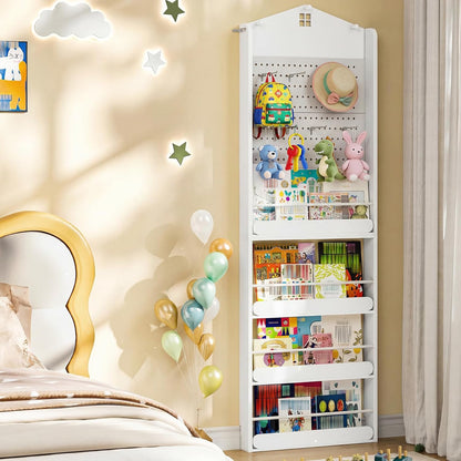 Behind The Door Bookshelf, Wooden Behind Door Bookshelf, 4-Tier Space Saving Behind The Door Bookcase with DIY Pegboard, Kids Wall Bookcase for Kids Room, Bedroom, Nursery, White WW192CW01