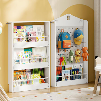 Behind The Door Bookshelf, Wooden Behind Door Bookshelf, 4-Tier Space Saving Behind The Door Bookcase with DIY Pegboard, Kids Wall Bookcase for Kids Room, Bedroom, Nursery, White WW192CW01
