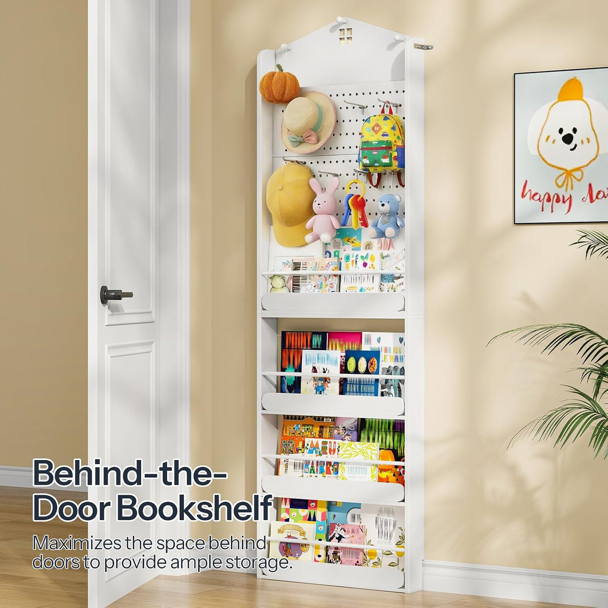Behind The Door Bookshelf, Wooden Behind Door Bookshelf, 4-Tier Space Saving Behind The Door Bookcase with DIY Pegboard, Kids Wall Bookcase for Kids Room, Bedroom, Nursery, White WW192CW01