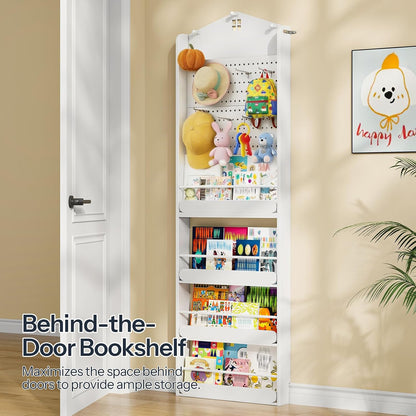 Behind The Door Bookshelf, Wooden Behind Door Bookshelf, 4-Tier Space Saving Behind The Door Bookcase with DIY Pegboard, Kids Wall Bookcase for Kids Room, Bedroom, Nursery, White WW192CW01
