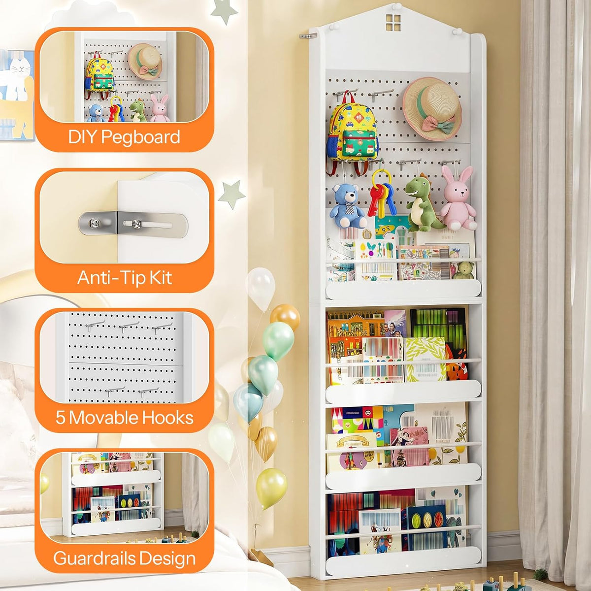 Behind The Door Bookshelf, Wooden Behind Door Bookshelf, 4-Tier Space Saving Behind The Door Bookcase with DIY Pegboard, Kids Wall Bookcase for Kids Room, Bedroom, Nursery, White WW192CW01
