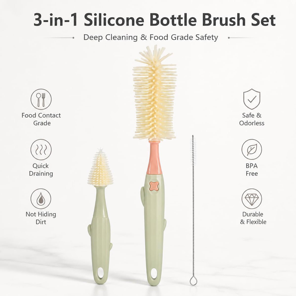 3-in-1 Baby Bottle Brush Set, Green