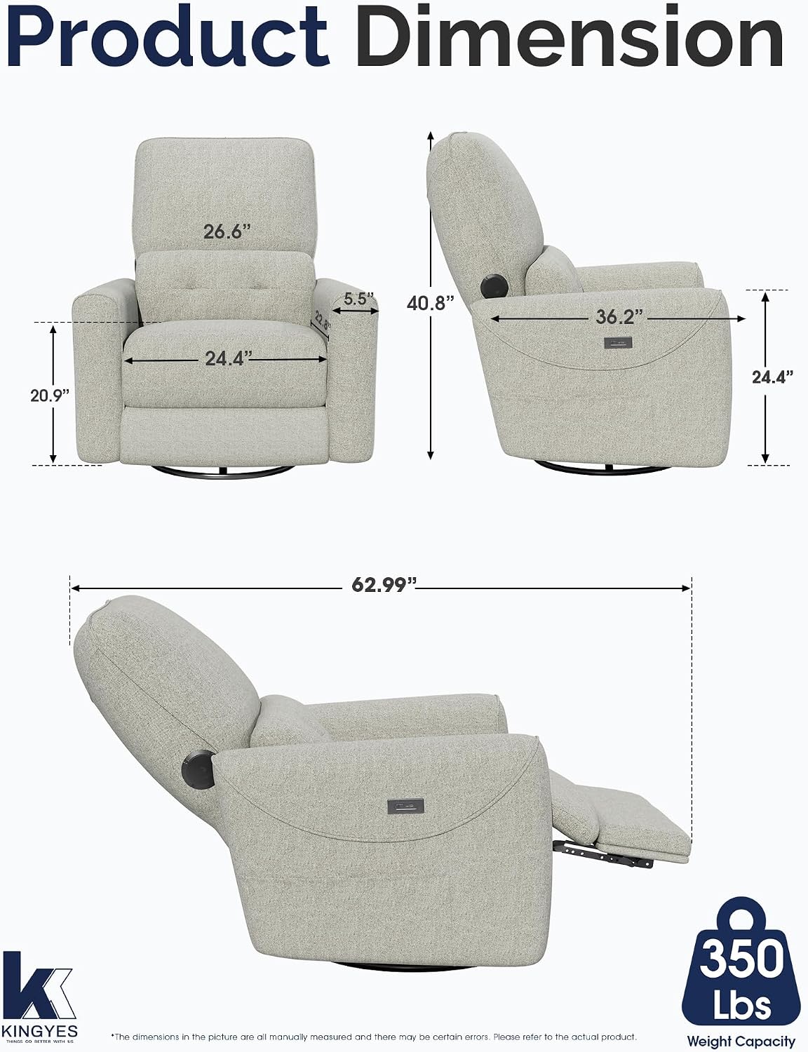 Power Recliner Chair, 270° Swivel Glider, Living Room Recliner with USB-C Port, Nursery Rocking Chair, Gray