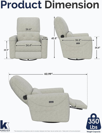 Power Recliner Chair, 270° Swivel Glider, Living Room Recliner with USB-C Port, Nursery Rocking Chair, Gray