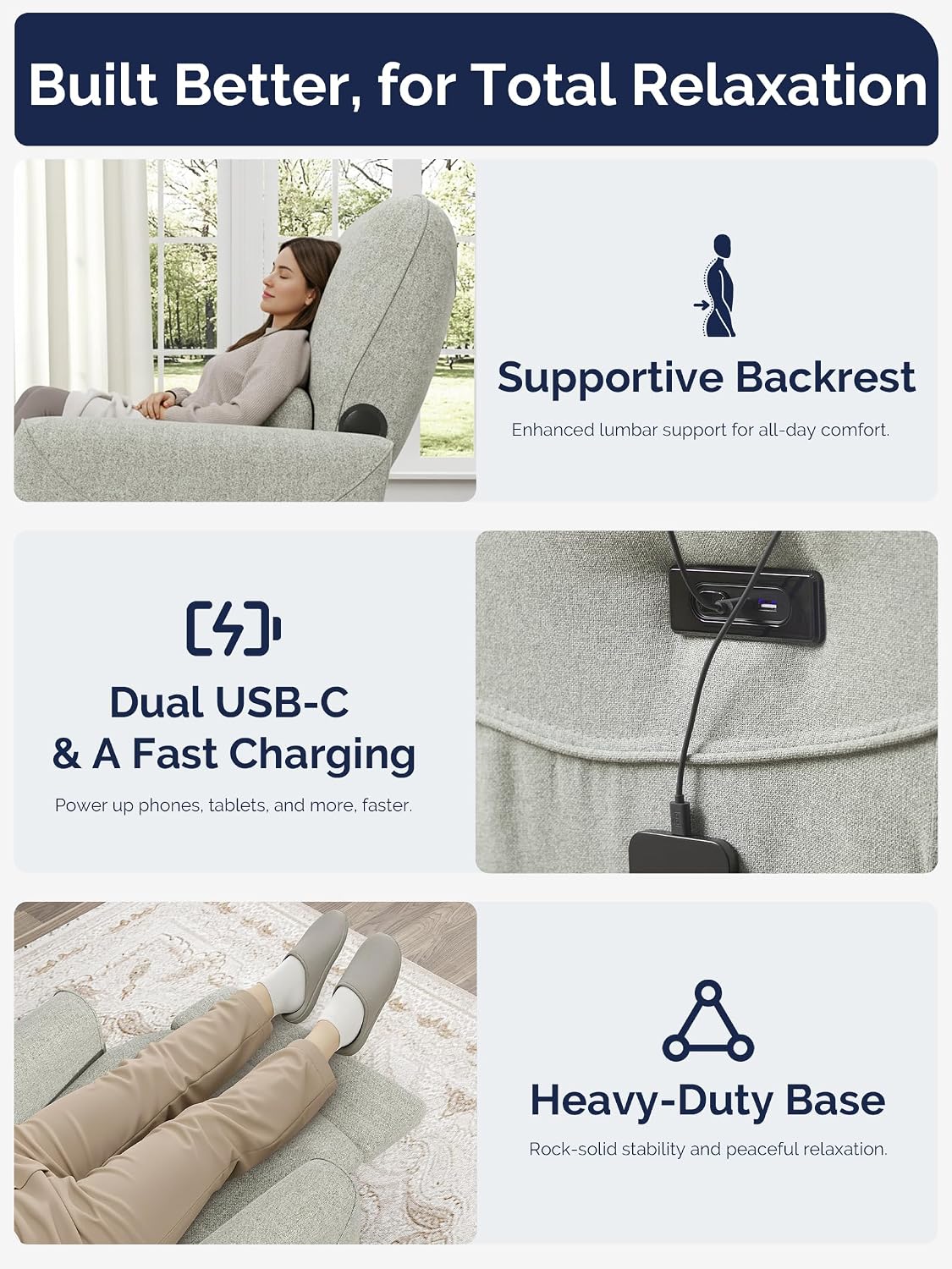 Power Recliner Chair, 270° Swivel Glider, Living Room Recliner with USB-C Port, Nursery Rocking Chair, Gray