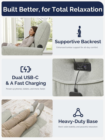 Power Recliner Chair, 270° Swivel Glider, Living Room Recliner with USB-C Port, Nursery Rocking Chair, Gray