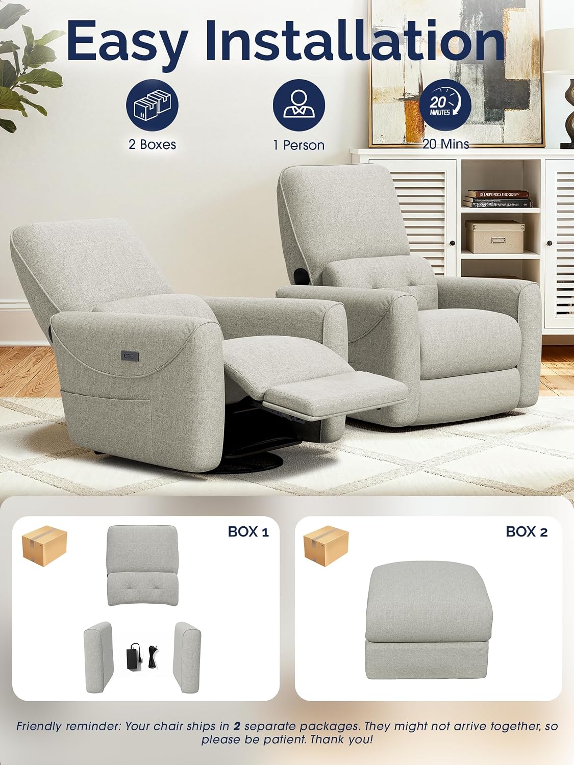 Power Recliner Chair, 270° Swivel Glider, Living Room Recliner with USB-C Port, Nursery Rocking Chair, Gray