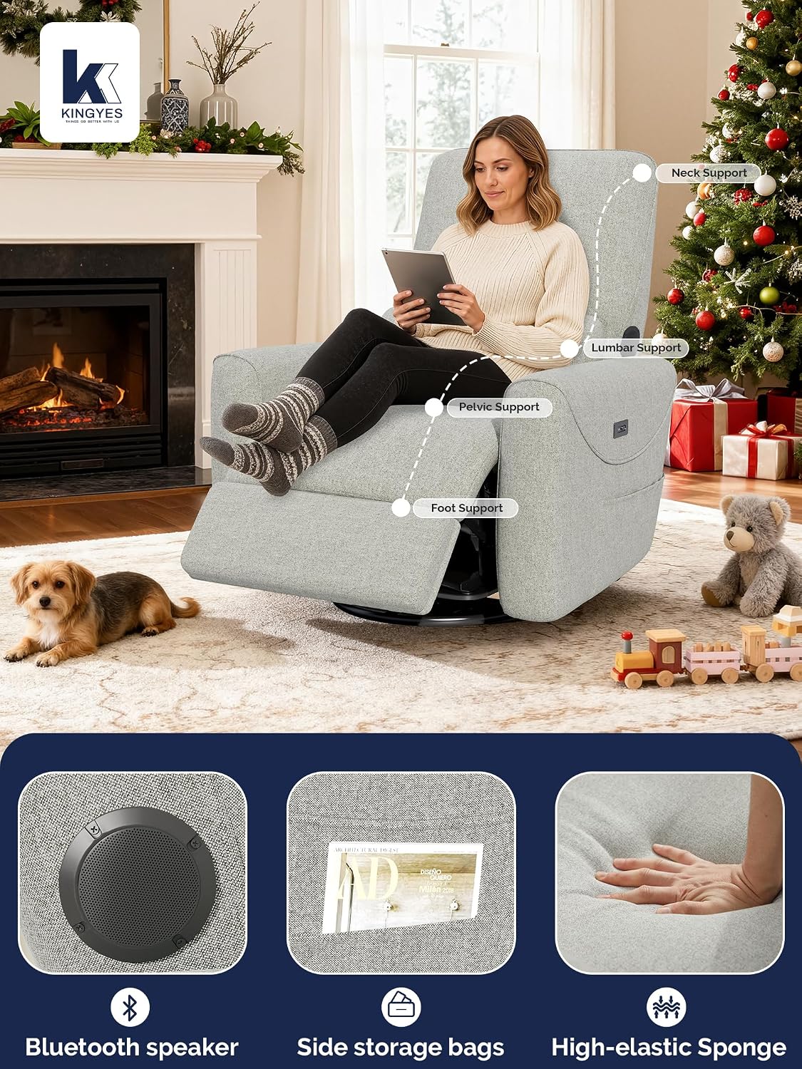 Power Recliner Chair, 270° Swivel Glider, Living Room Recliner with USB-C Port, Nursery Rocking Chair, Gray