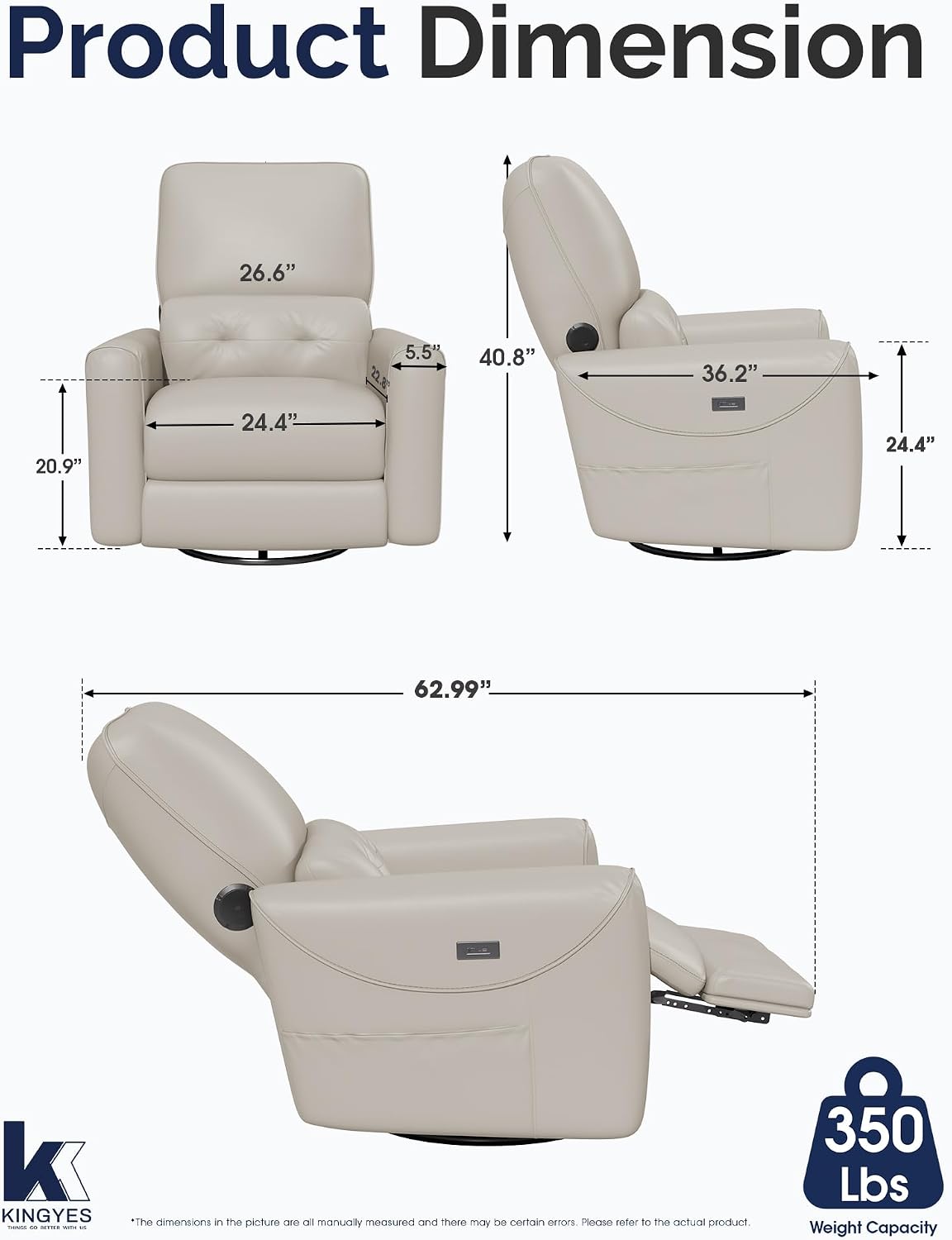 Power Recliner Chair, 270° Swivel Glider, Living Room Recliner with USB-C Port, Nursery Rocking Chair, Gray