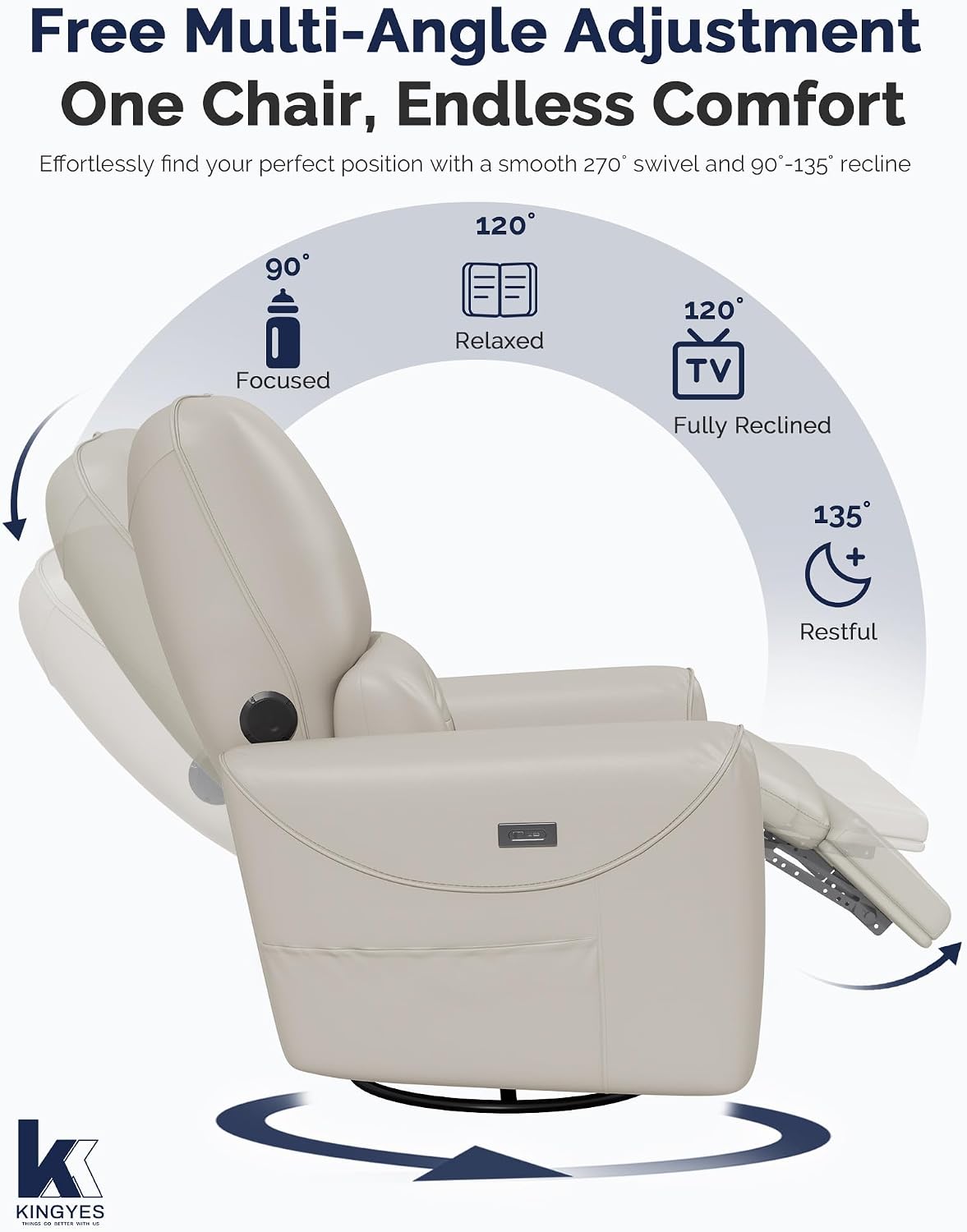Power Recliner Chair, 270° Swivel Glider, Living Room Recliner with USB-C Port, Nursery Rocking Chair, Gray
