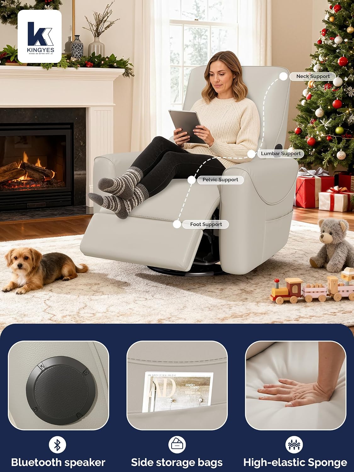 Power Recliner Chair, 270° Swivel Glider, Living Room Recliner with USB-C Port, Nursery Rocking Chair, Gray