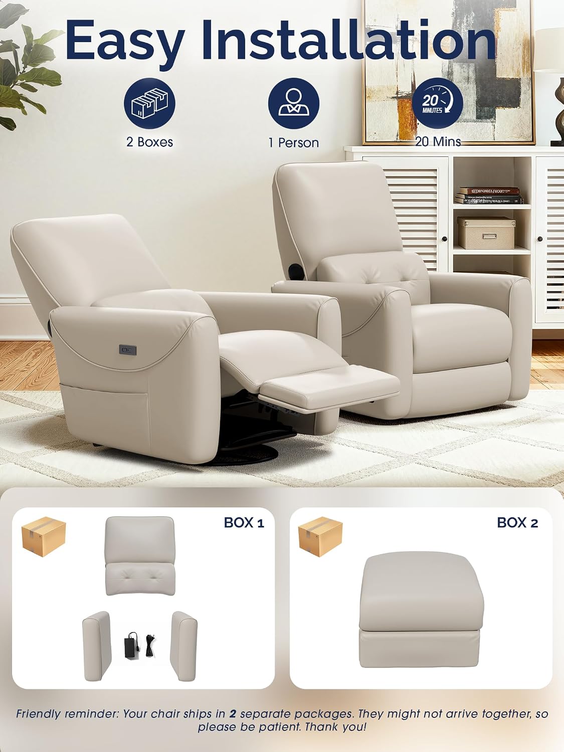 Power Recliner Chair, 270° Swivel Glider, Living Room Recliner with USB-C Port, Nursery Rocking Chair, Gray