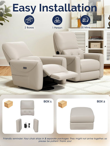 Power Recliner Chair, 270° Swivel Glider, Living Room Recliner with USB-C Port, Nursery Rocking Chair, Gray