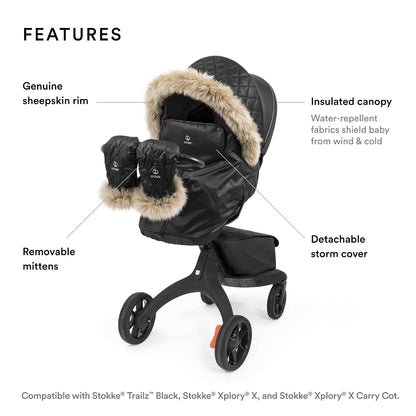 Xplory X Winter Kit, Onyx Black - Protects Baby from Cold Weather & Wind - Includes Fleece Mittens for Parents - PFC-Free Fabrics, Reflective Zipper, Genuine Sheepskin Rims