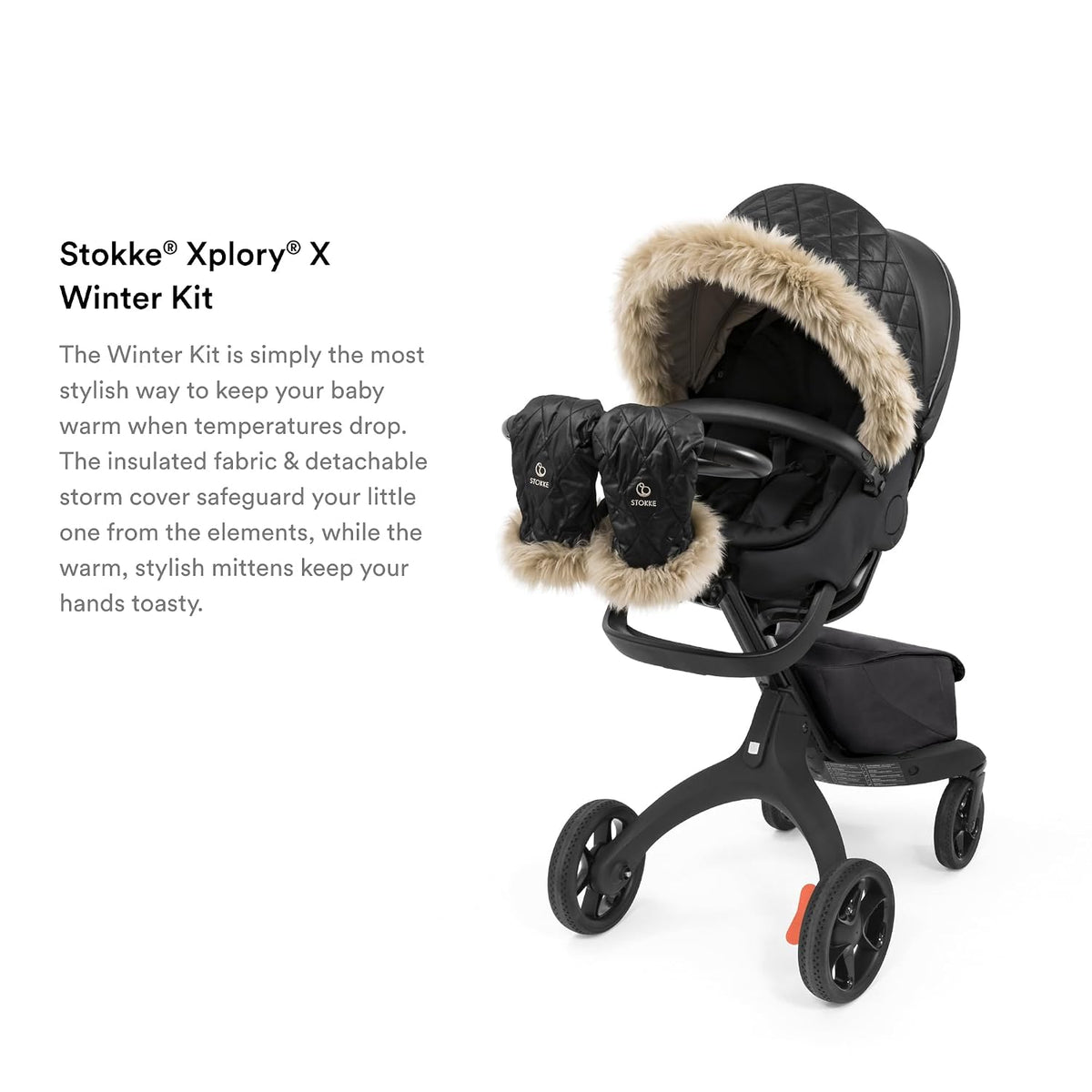 Xplory X Winter Kit, Onyx Black - Protects Baby from Cold Weather & Wind - Includes Fleece Mittens for Parents - PFC-Free Fabrics, Reflective Zipper, Genuine Sheepskin Rims