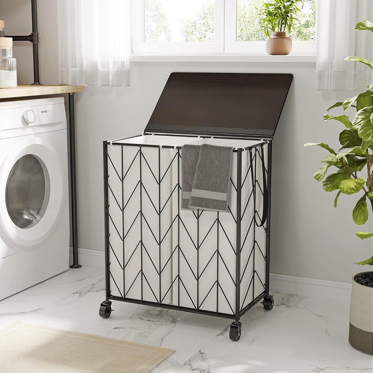 Laundry Hamper 3 Section with Lid, 142L Laundry Basket with Wheels
