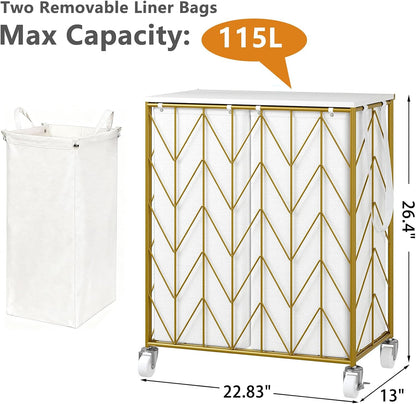 Laundry Hamper 3 Section with Lid, 142L Laundry Basket with Wheels