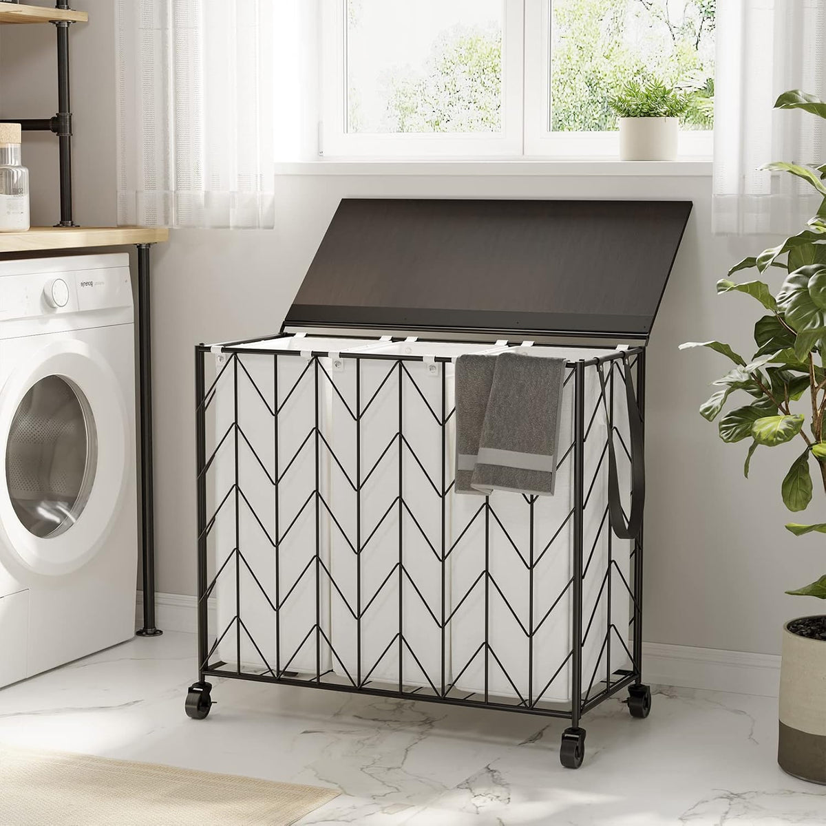 Laundry Hamper 3 Section with Lid, 142L Laundry Basket with Wheels
