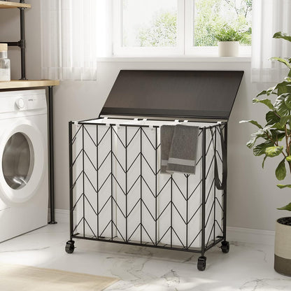 Laundry Hamper 3 Section with Lid, 142L Laundry Basket with Wheels