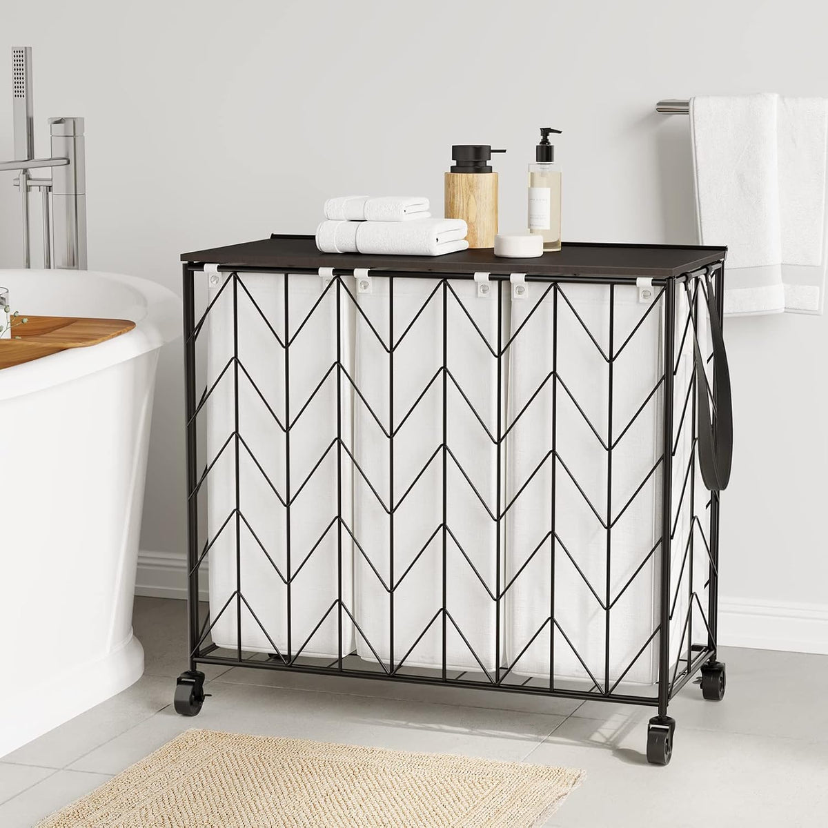 Laundry Hamper 3 Section with Lid, 142L Laundry Basket with Wheels
