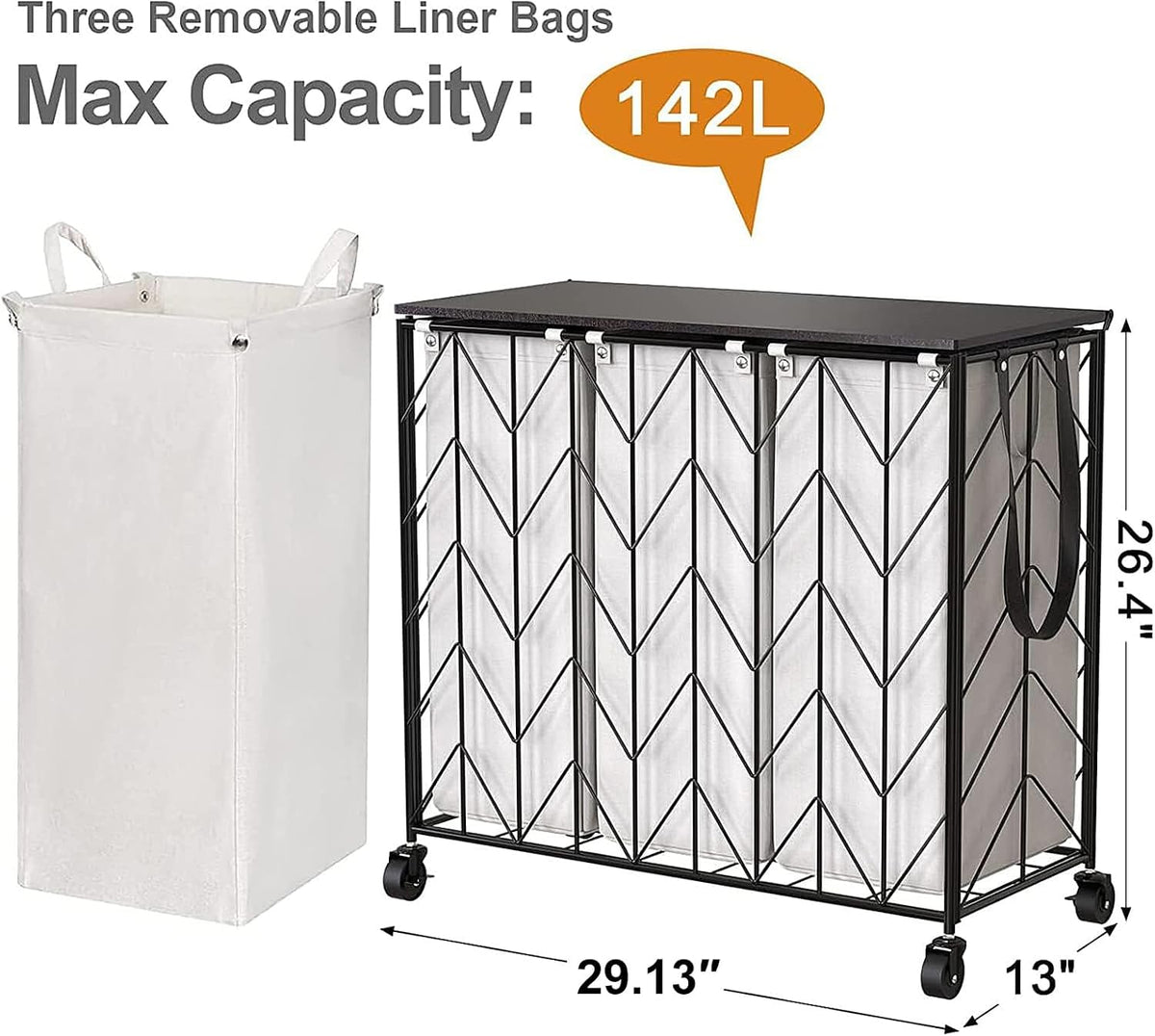 Laundry Hamper 3 Section with Lid, 142L Laundry Basket with Wheels