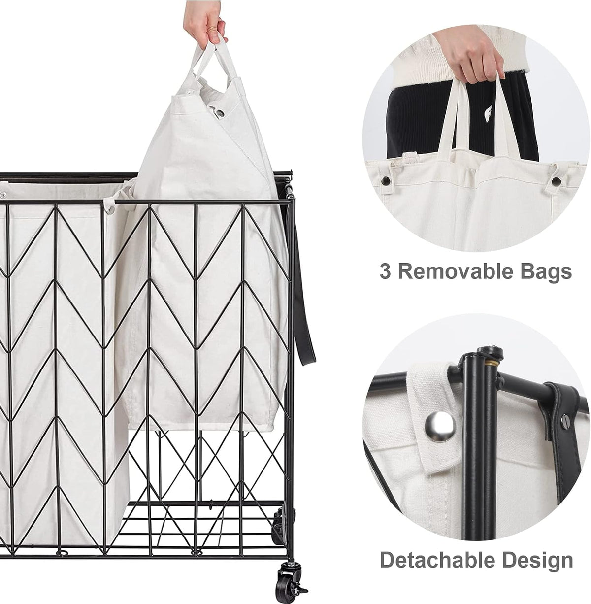 Laundry Hamper 3 Section with Lid, 142L Laundry Basket with Wheels