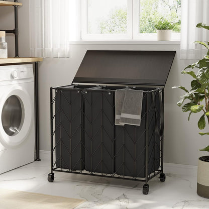 Laundry Hamper 3 Section with Lid, 142L Laundry Basket with Wheels