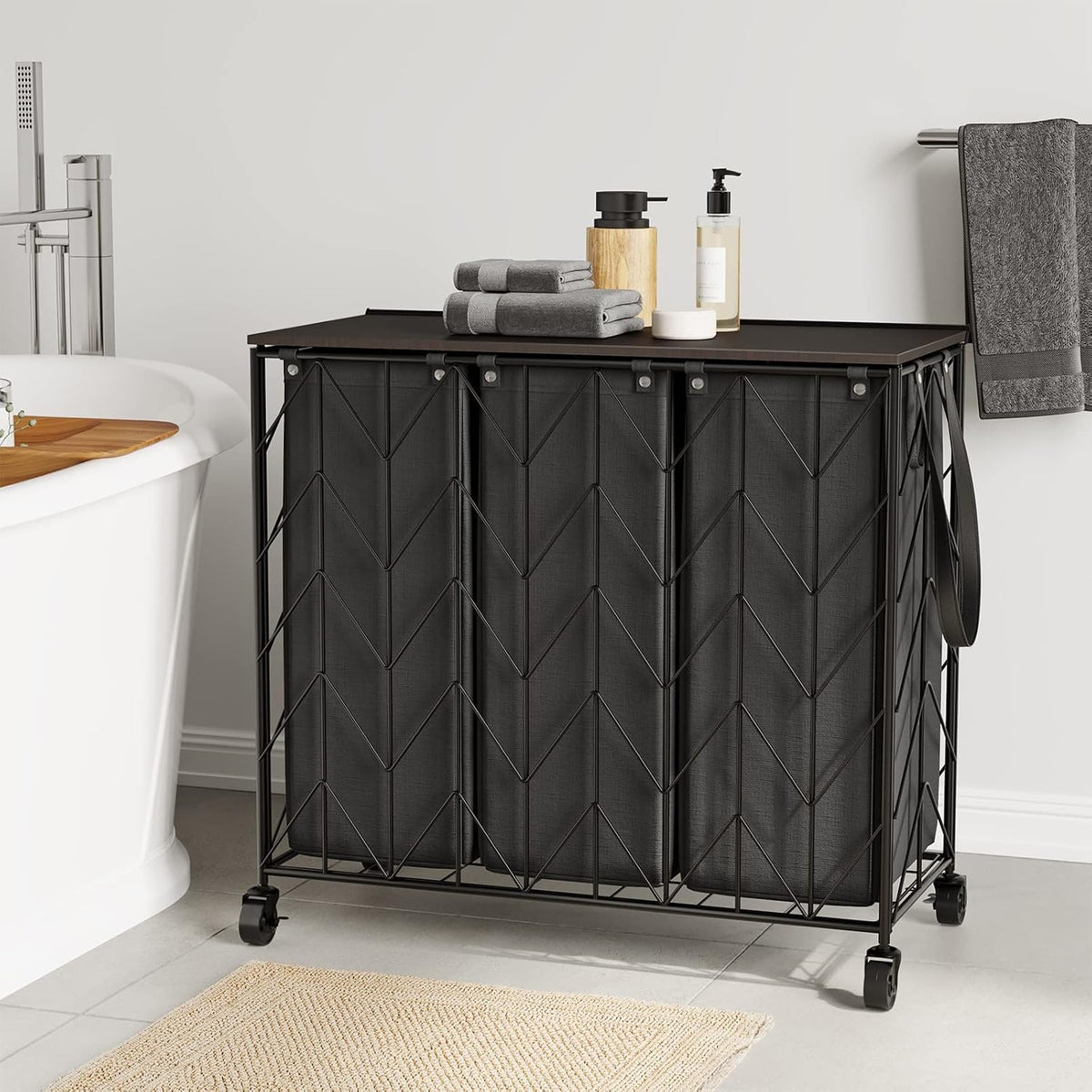 Laundry Hamper 3 Section with Lid, 142L Laundry Basket with Wheels